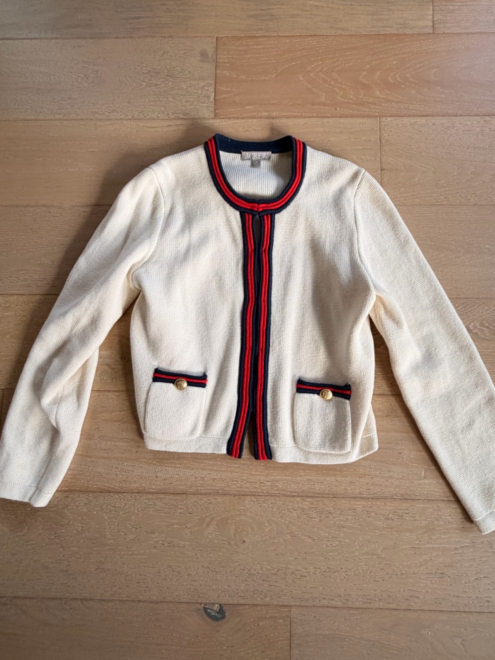 J. Crew Cream Cardigan with Red & Navy Trim